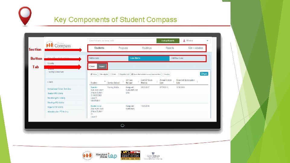 Key Components of Student Compass Section Button Tab 