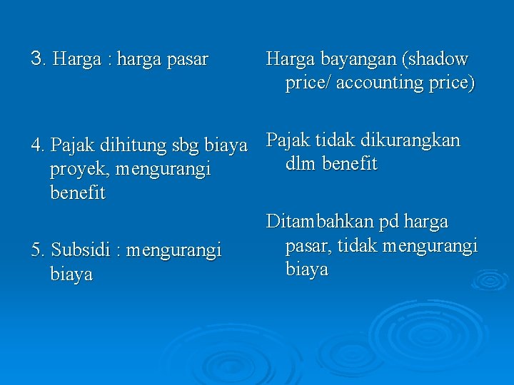 3. Harga : harga pasar Harga bayangan (shadow price/ accounting price) 4. Pajak dihitung
