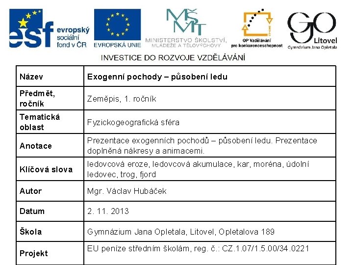 Název Exogenní pochody – působení ledu Předmět, ročník Zeměpis, 1. ročník Tematická oblast Fyzickogeografická