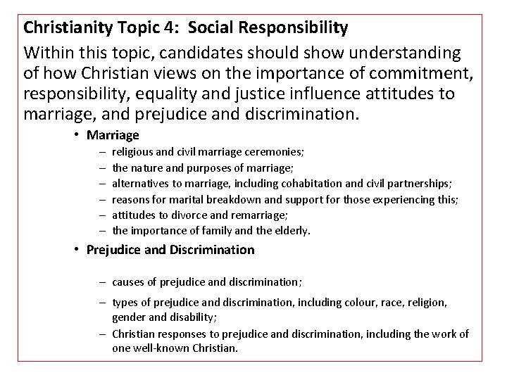 Christianity Topic 4: Social Responsibility Within this topic, candidates should show understanding of how