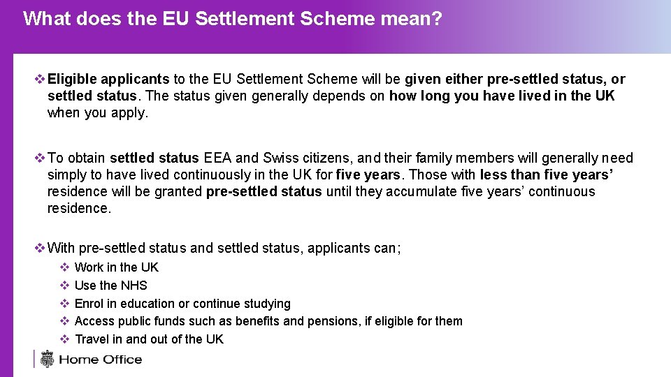 What does the Scheme mean? Applying to EU the. Settlement Scheme v Eligible applicants