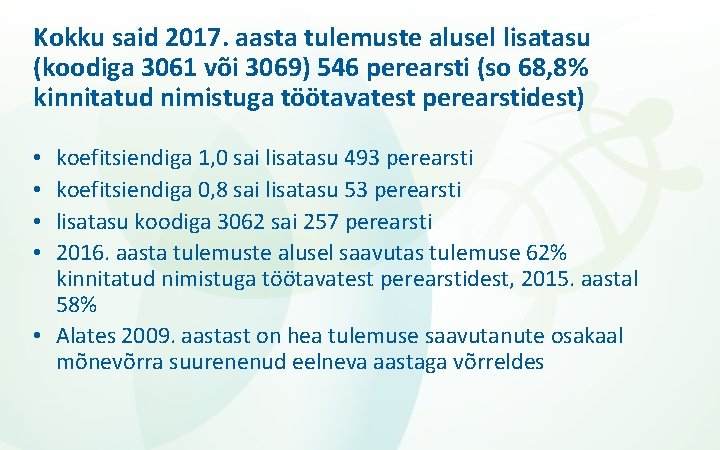 Kokku said 2017. aasta tulemuste alusel lisatasu (koodiga 3061 või 3069) 546 perearsti (so