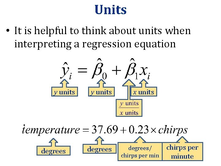 Units • It is helpful to think about units when interpreting a regression equation