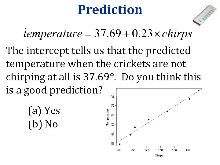 Prediction The intercept tells us that the predicted temperature when the crickets are not