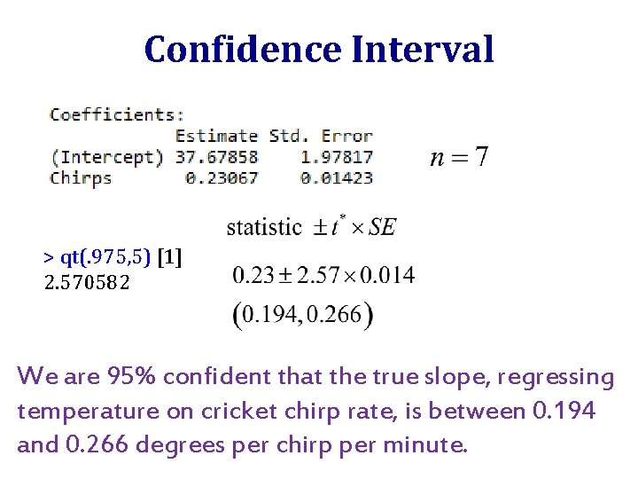 Confidence Interval > qt(. 975, 5) [1] 2. 570582 We are 95% confident that