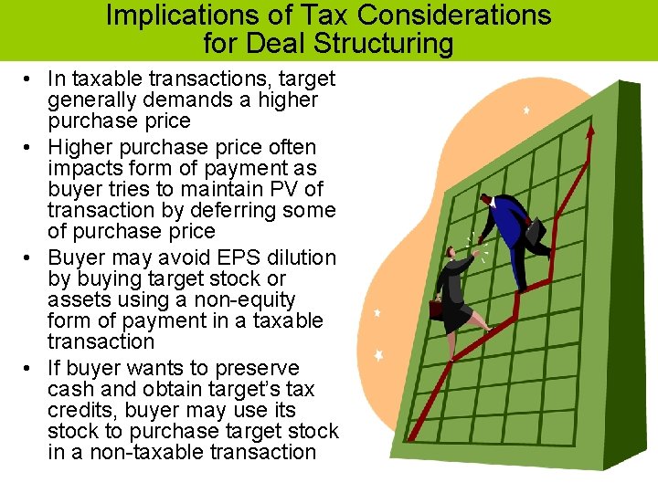 Implications of Tax Considerations for Deal Structuring • In taxable transactions, target generally demands
