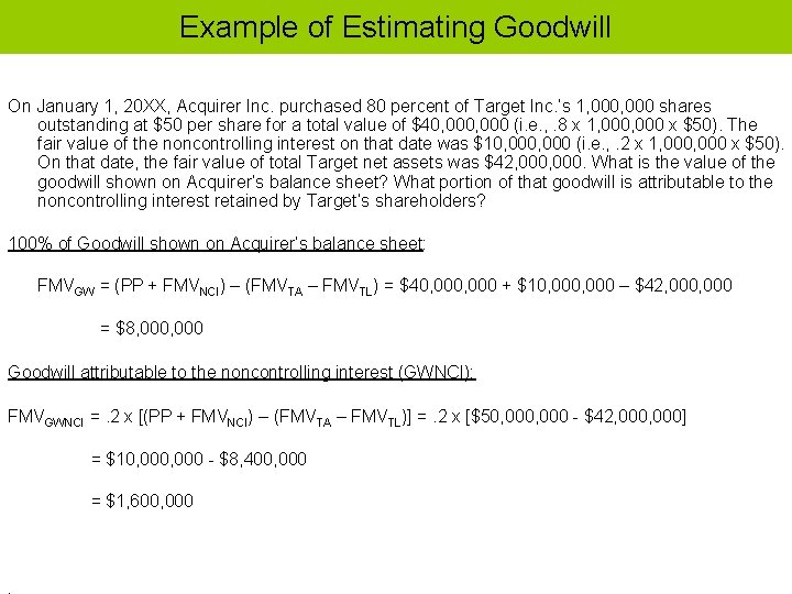 Example of Estimating Goodwill On January 1, 20 XX, Acquirer Inc. purchased 80 percent
