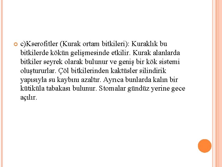  c)Kserofitler (Kurak ortam bitkileri): Kuraklık bu bitkilerde kökün gelişmesinde etkilir. Kurak alanlarda bitkiler