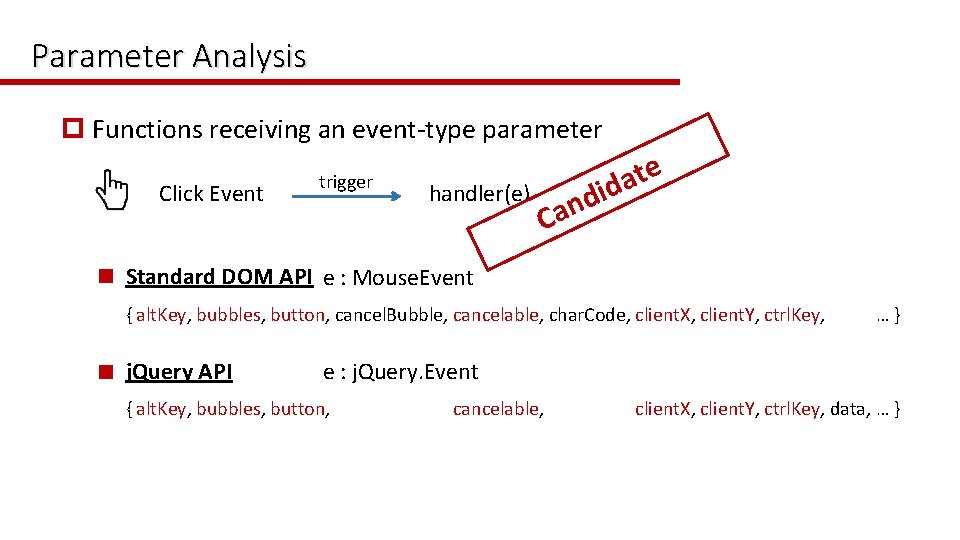 Parameter Analysis p Functions receiving an event-type parameter Click Event trigger handler(e) e t