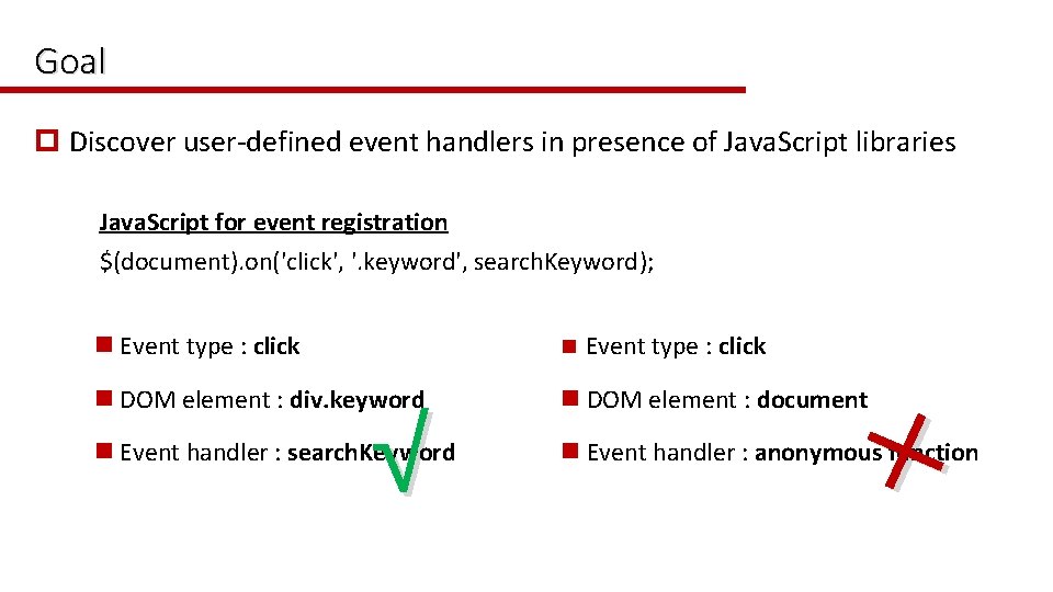 Goal p Discover user-defined event handlers in presence of Java. Script libraries Java. Script