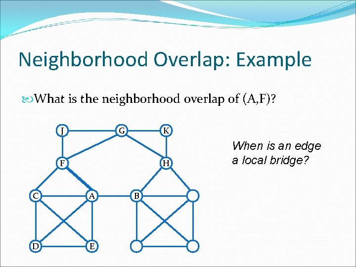 Neighborhood Overlap: Example What is the neighborhood overlap of (A, F)? J G K