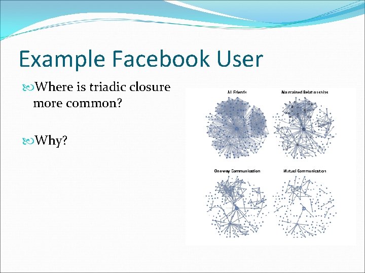 Example Facebook User Where is triadic closure more common? Why? 
