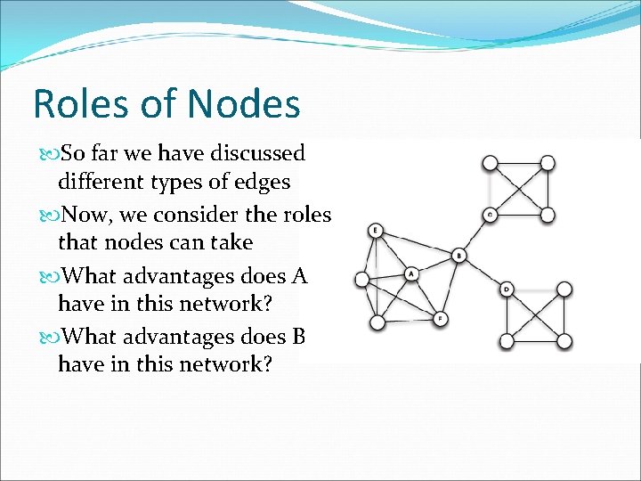 Roles of Nodes So far we have discussed different types of edges Now, we