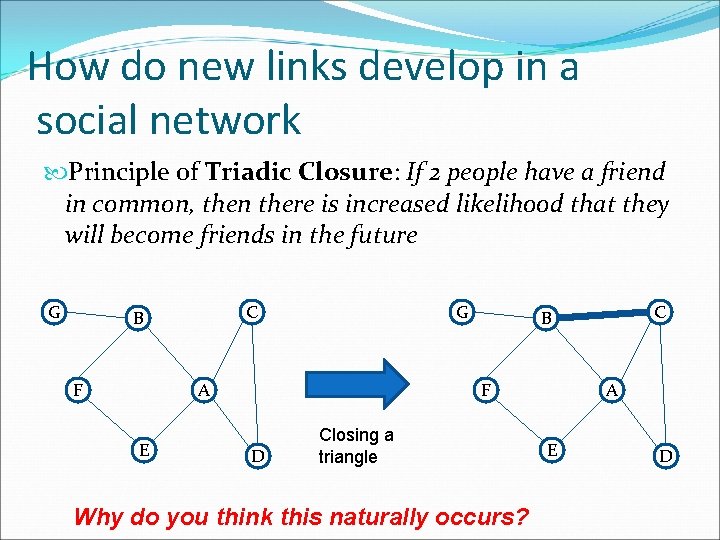 How do new links develop in a social network Principle of Triadic Closure: If