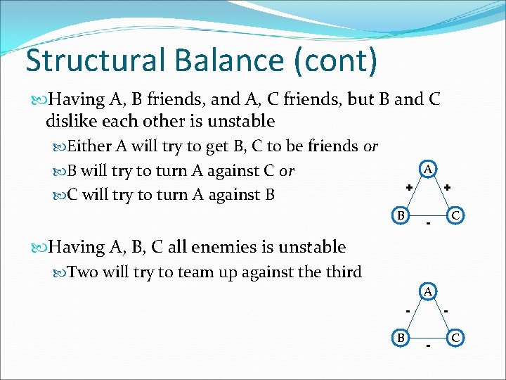 Structural Balance (cont) Having A, B friends, and A, C friends, but B and