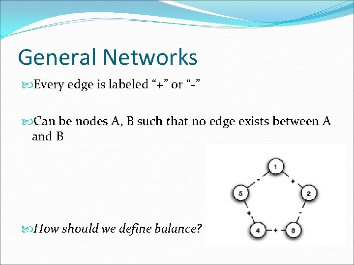 General Networks Every edge is labeled “+” or “-” Can be nodes A, B