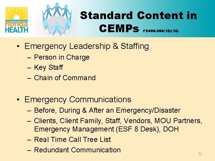 Standard Content in CEMPs FS 400. 506(15)(16) • Emergency Leadership & Staffing – Person