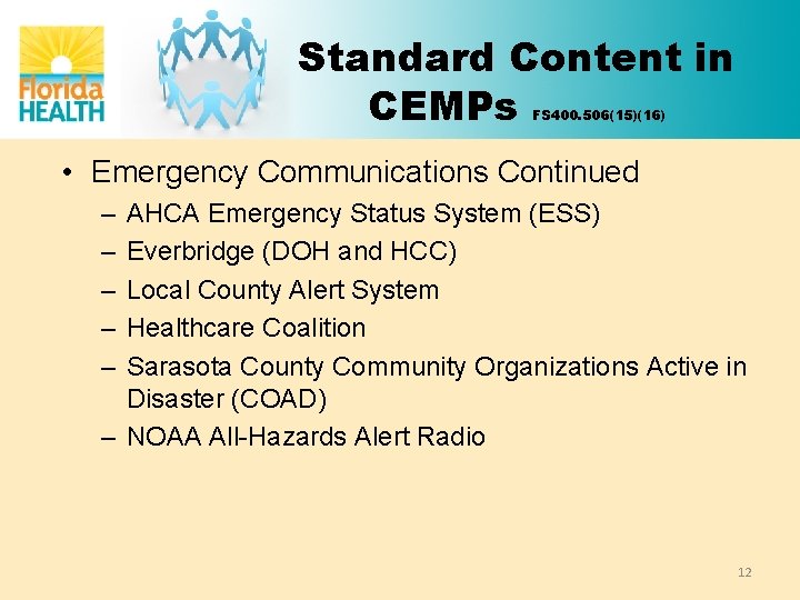 Standard Content in CEMPs FS 400. 506(15)(16) • Emergency Communications Continued – – –