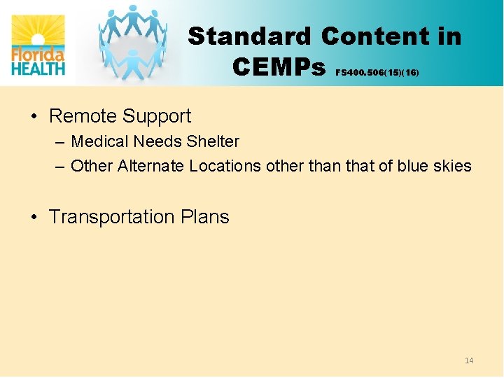 Standard Content in CEMPs FS 400. 506(15)(16) • Remote Support – Medical Needs Shelter
