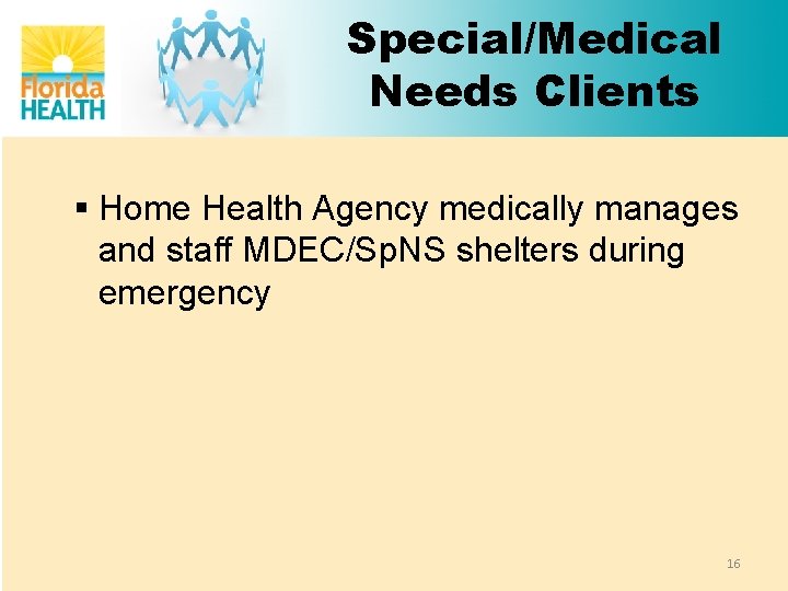 Special/Medical Needs Clients § Home Health Agency medically manages and staff MDEC/Sp. NS shelters