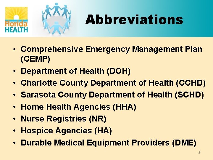 Abbreviations • Comprehensive Emergency Management Plan (CEMP) • Department of Health (DOH) • Charlotte