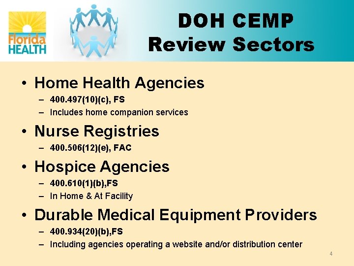 DOH CEMP Review Sectors • Home Health Agencies – 400. 497(10)(c), FS – Includes