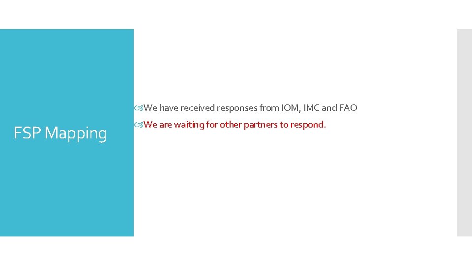  We have received responses from IOM, IMC and FAO FSP Mapping We are