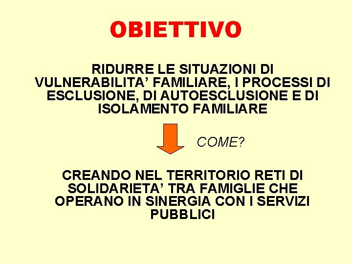 OBIETTIVO RIDURRE LE SITUAZIONI DI VULNERABILITA’ FAMILIARE, I PROCESSI DI ESCLUSIONE, DI AUTOESCLUSIONE E