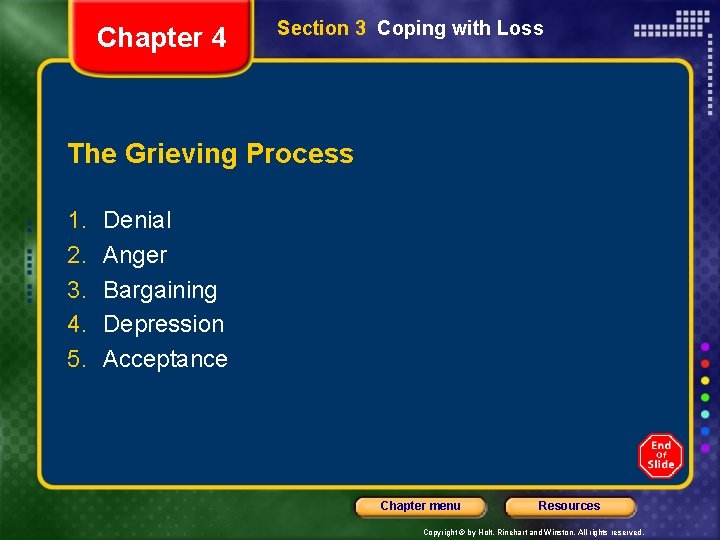 Chapter 4 Section 3 Coping with Loss The Grieving Process 1. 2. 3. 4.