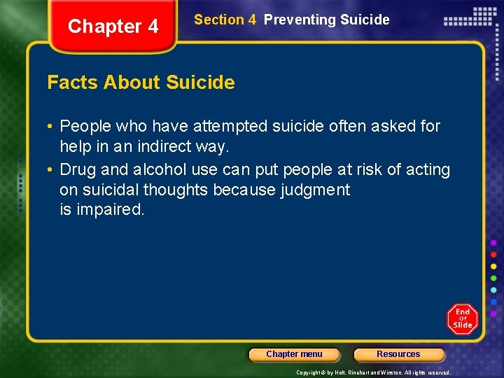 Chapter 4 Section 4 Preventing Suicide Facts About Suicide • People who have attempted
