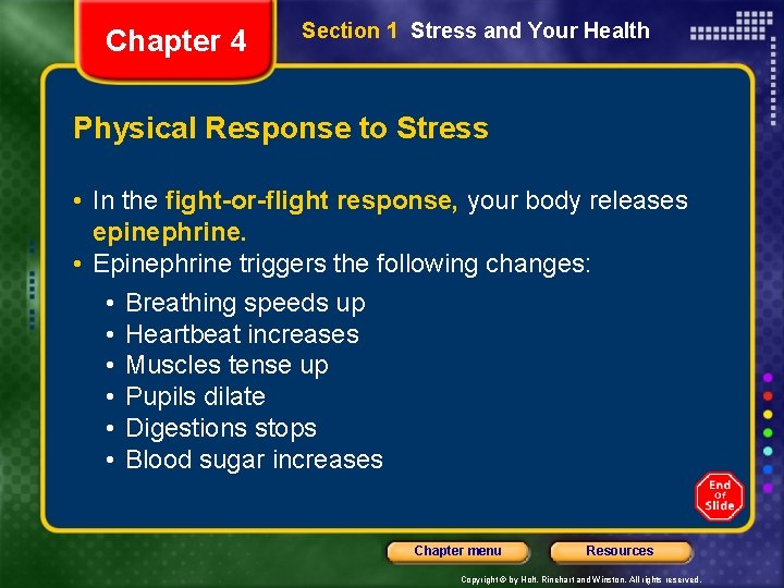 Chapter 4 Section 1 Stress and Your Health Physical Response to Stress • In