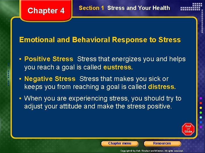 Chapter 4 Section 1 Stress and Your Health Emotional and Behavioral Response to Stress