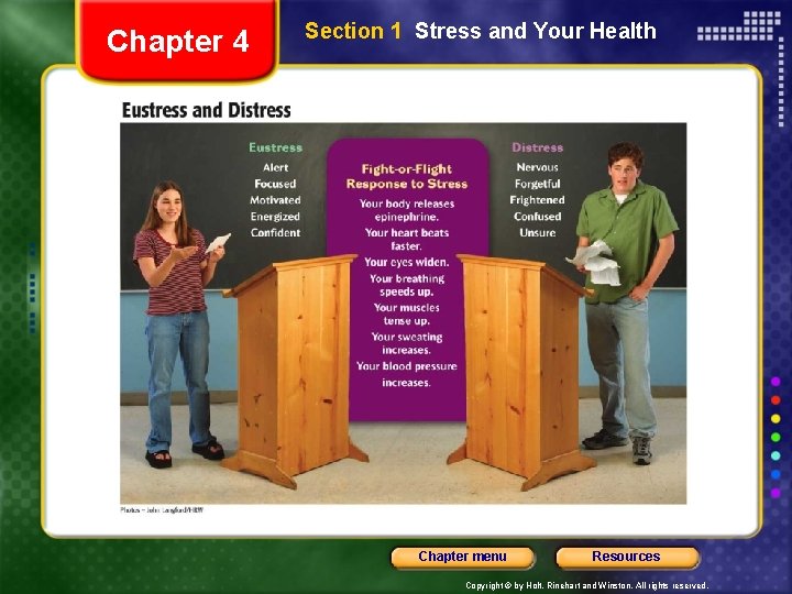 Chapter 4 Section 1 Stress and Your Health Chapter menu Resources Copyright © by