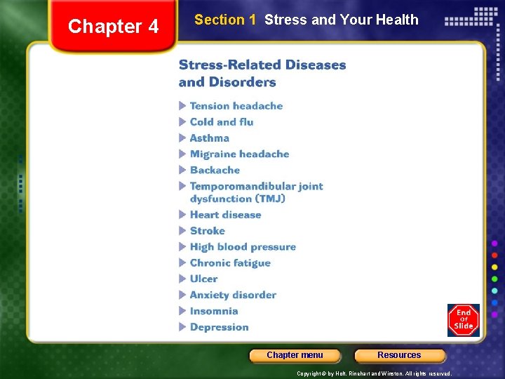 Chapter 4 Section 1 Stress and Your Health Chapter menu Resources Copyright © by