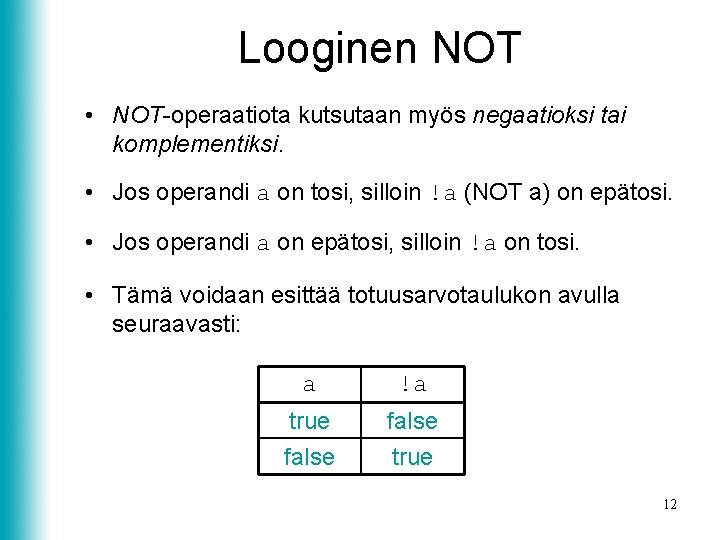 Looginen NOT • NOT-operaatiota kutsutaan myös negaatioksi tai komplementiksi. • Jos operandi a on