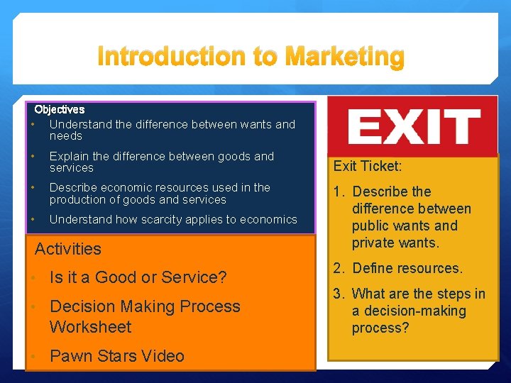 Introduction to Marketing Objectives • Understand the difference between wants and needs • Explain