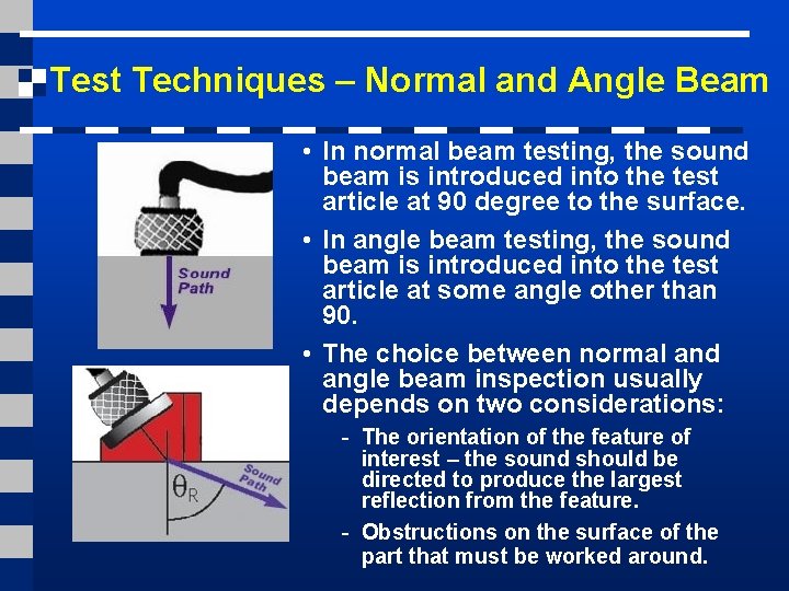 Test Techniques – Normal and Angle Beam • In normal beam testing, the sound