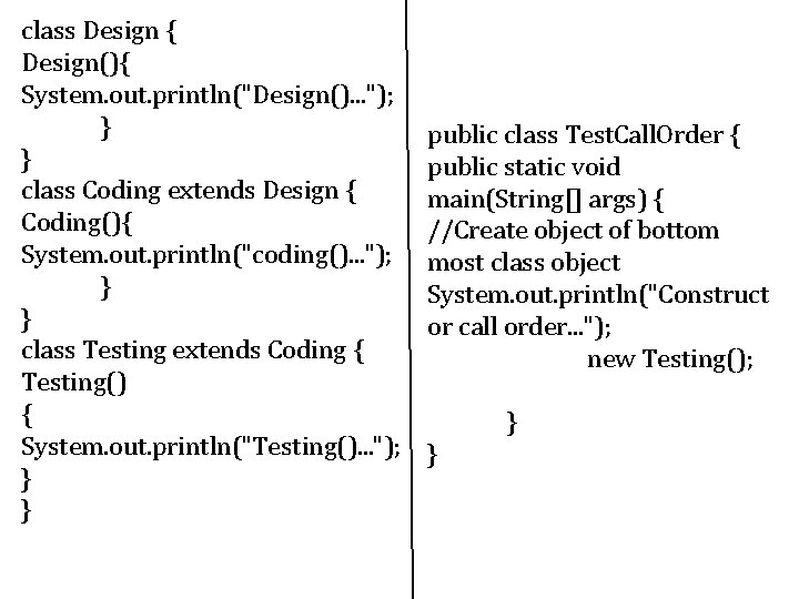 class Design { Design(){ System. out. println("Design(). . . "); } } class Coding