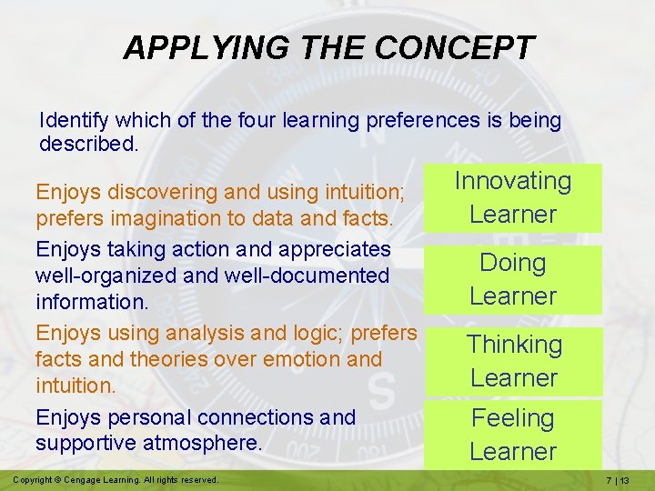 APPLYING THE CONCEPT Identify which of the four learning preferences is being described. Enjoys