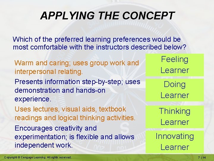 APPLYING THE CONCEPT Which of the preferred learning preferences would be most comfortable with