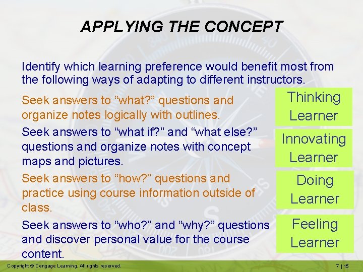 APPLYING THE CONCEPT Identify which learning preference would benefit most from the following ways