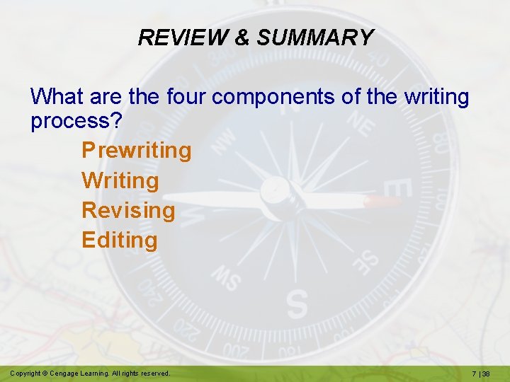 REVIEW & SUMMARY What are the four components of the writing process? Prewriting Writing