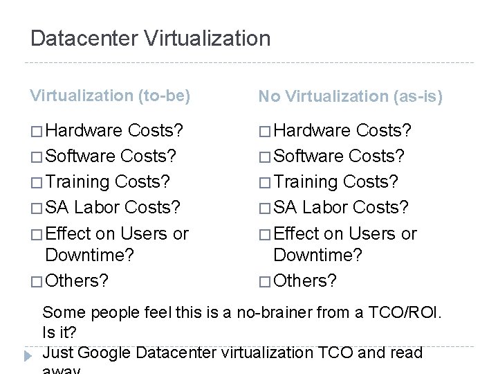 Datacenter Virtualization (to-be) No Virtualization (as-is) � Hardware Costs? � Software Costs? � Training