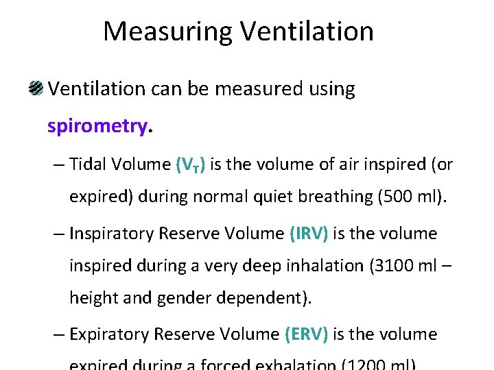 Measuring Ventilation can be measured using spirometry. – Tidal Volume (VT) is the volume