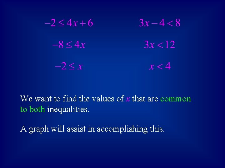 We want to find the values of x that are common to both inequalities.