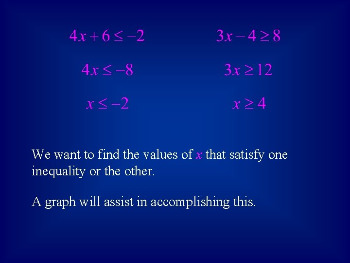 We want to find the values of x that satisfy one inequality or the