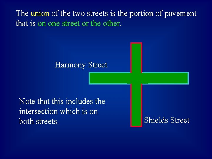 The union of the two streets is the portion of pavement that is on