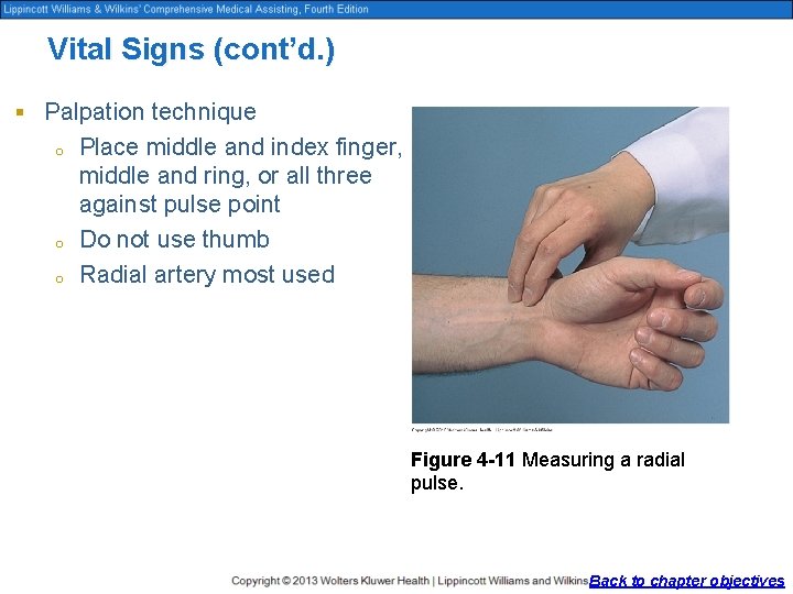 Vital Signs (cont’d. ) § Palpation technique o o o Place middle and index