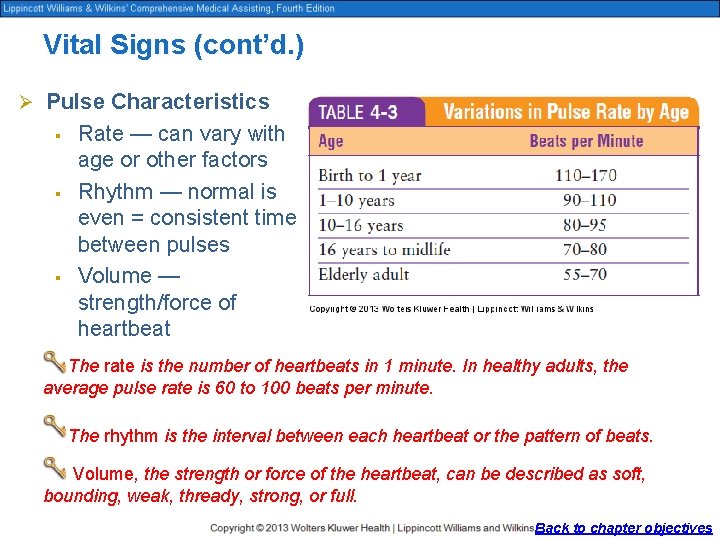 Vital Signs (cont’d. ) Ø Pulse Characteristics § § § Rate — can vary