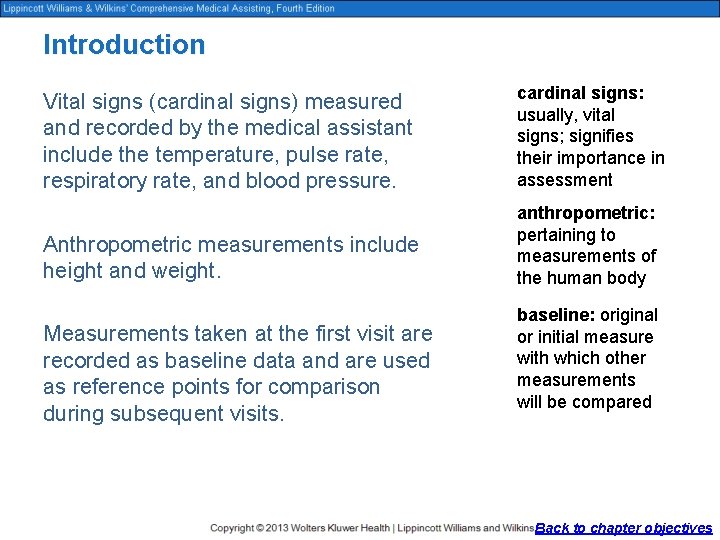 Introduction Vital signs (cardinal signs) measured and recorded by the medical assistant include the